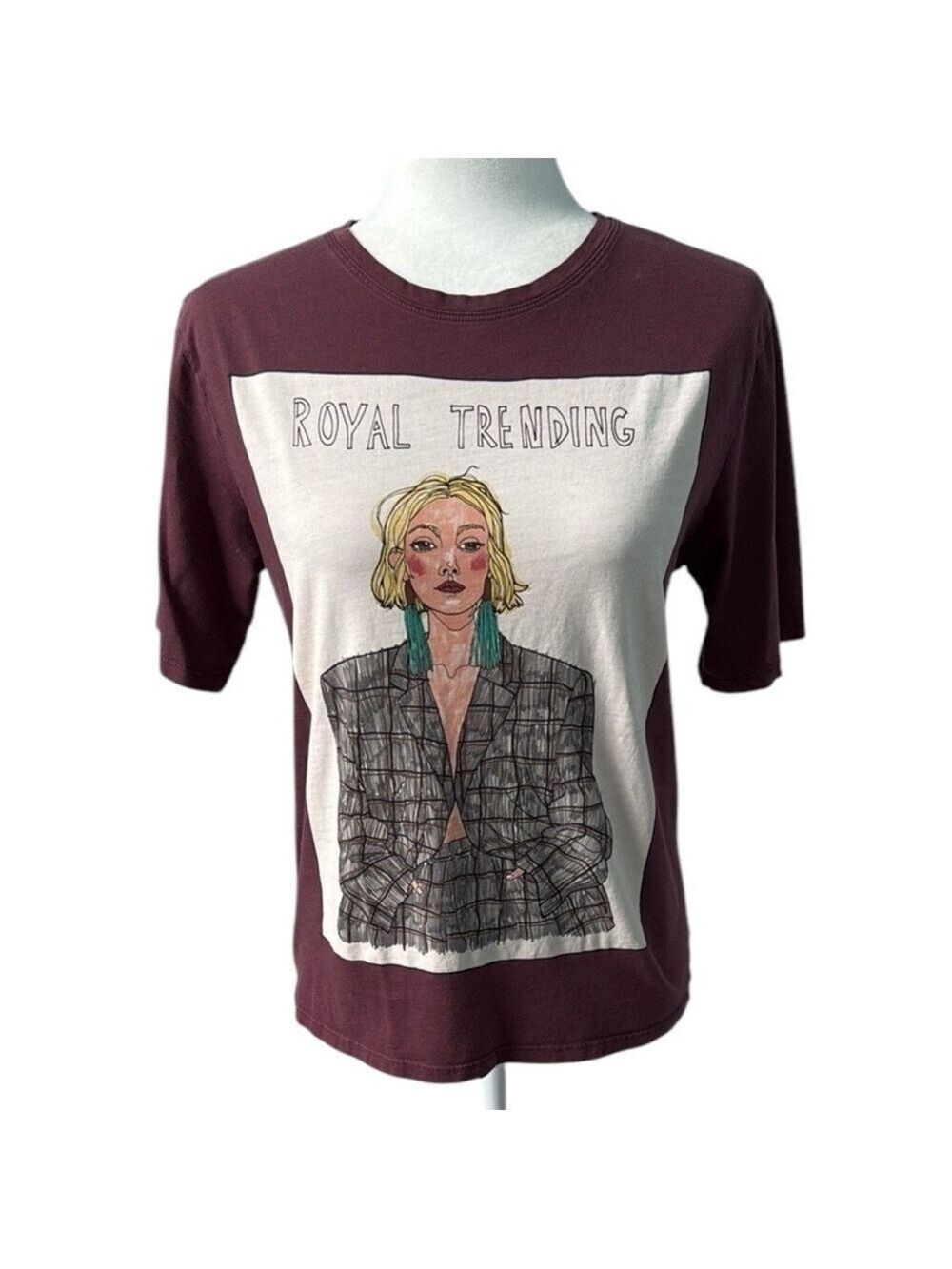 ZARA Royal Trending Graphic Illustration Maroon T-shirt Size Small